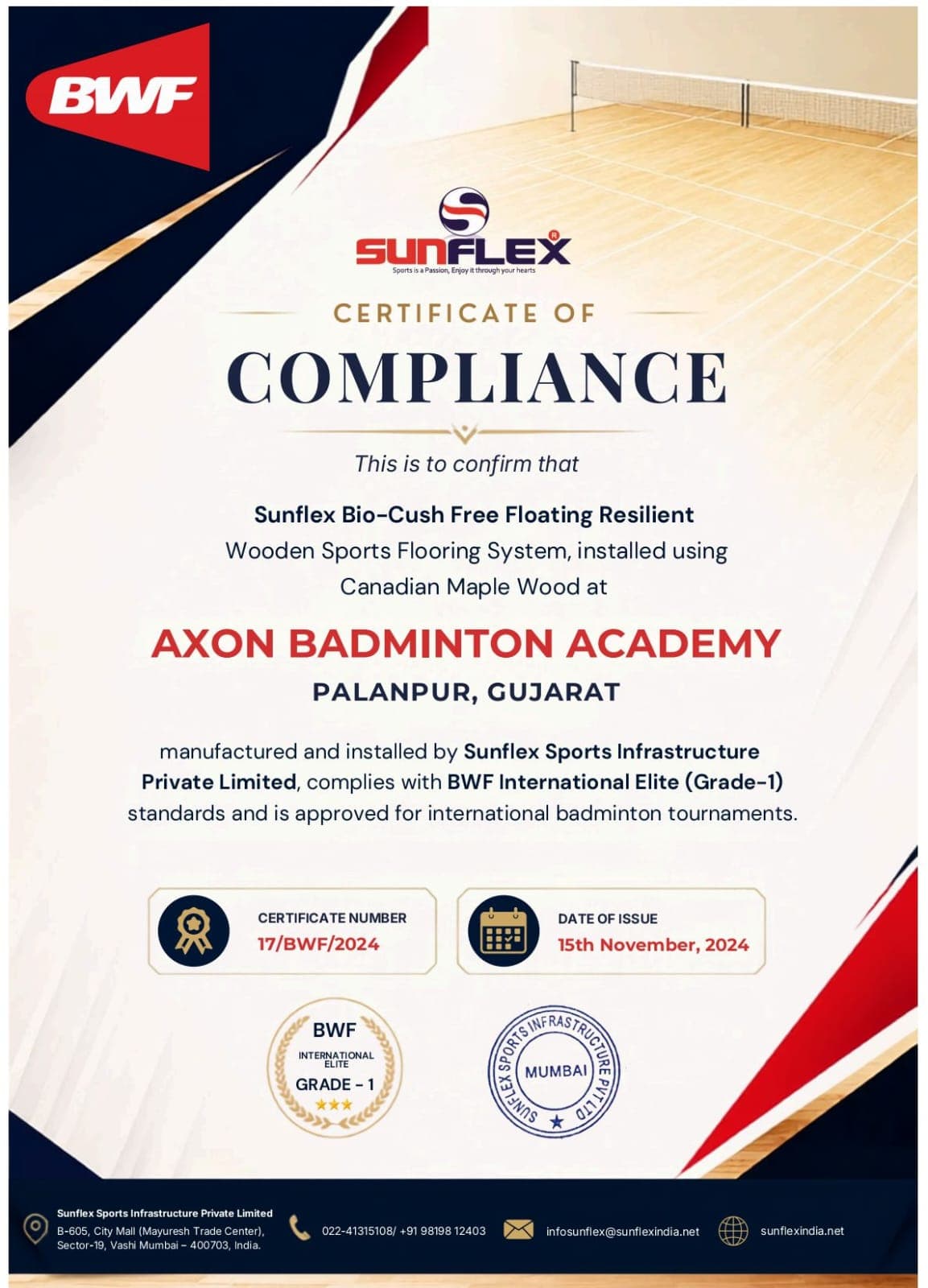 BWF International Elite Grade 1 Compliance Certificate